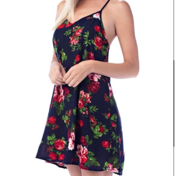 2/$30 Navy Blue and Floral Print A-Line Slip Dress - Picture 3 of 5